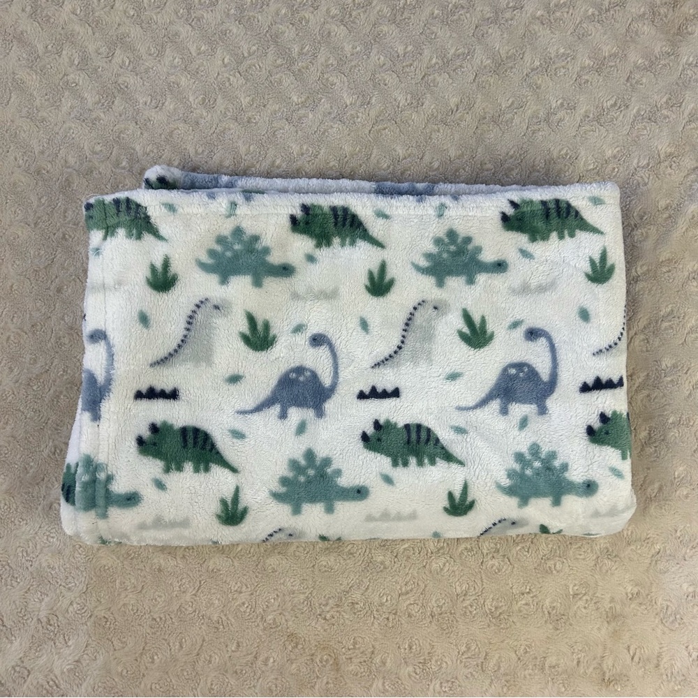 Lullaby Kids Dinosaur Baby Blanket Blue White Green Plush Soft Dino Print
